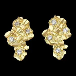 14K Solid High-End Brass CZ Large Golden Nugget Iced Earring Earrings Luxury Jewelry Stud Fashion Unisex Men Women
