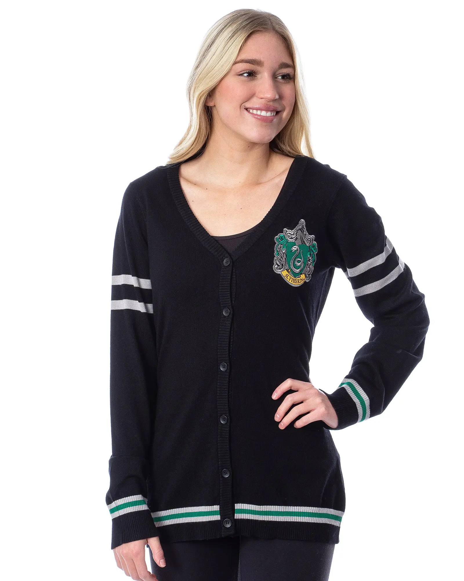 Harry Potter Womens' Slytherin House Crest Open Front Cardigan Juniors Knit Sweater