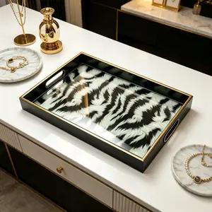 Luxury Glass Tray Zebra Pattern Scratch-Resistant Scent Organizer, Living Room Coffee Table Desktop Storage Tray, Elegant Home Decor Accessory