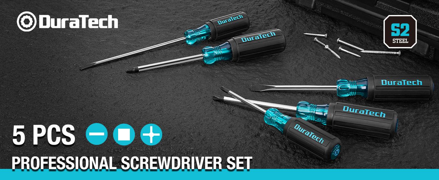 #backtoschool DURATECH 5 PCS S2 Steel Screwdriver Set, Professional Screwdrivers with Non-Slip Grip & Marked Specifications, 2 Phillips 2 Flathead and 1 Square Head Screw Driver, for Home and Industrial Use