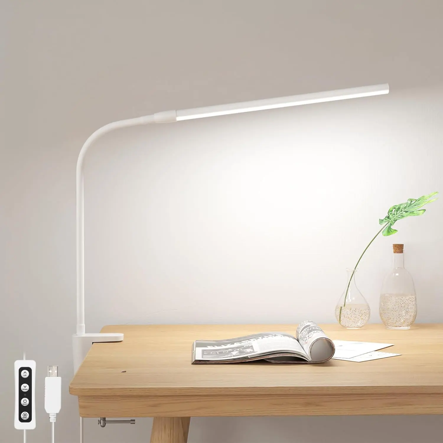 Lepro Clamp-On LED Desk Lamp - 450LM, 3 Color Modes, 10 Brightness Levels, Dimmable USB Gooseneck Swing Arm Light for Home Office, Dorm (White)
