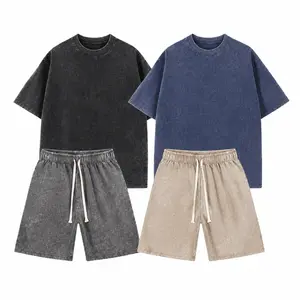 2 Sets Vintage Washed Cotton Outfits Oversized T-Shirts & Drawstring Shorts Co-ords Unisex Streetwear Casual Matching Sets No Shrink No Fade All Occasion Summer Staples Menswear Clothes Grey Suits