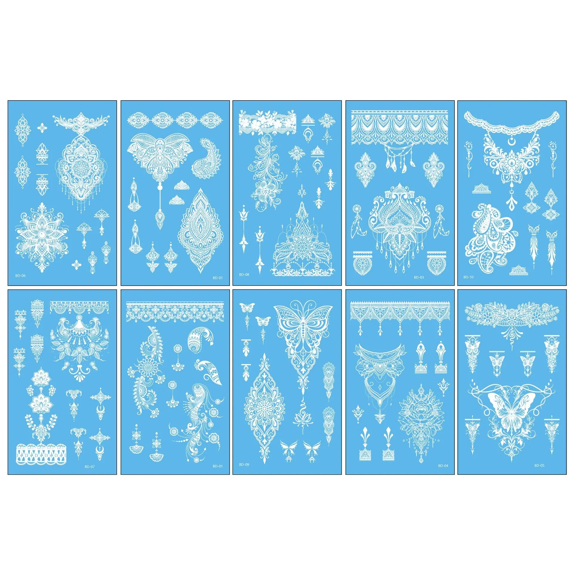 10-Sheet New White Henna Mandala Temporary Stickers - Tattoo Inspired Print, Bridal Elegant Design, Unisex Adults’ Tattoo for Beginners, Mandala Art Look, DIY Scrapbooking Stamping Birthday Gift, Sheet Pack
