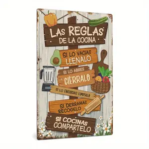 1pc 2D Plane Retro Spanish Metal Tin Sign "Kitchen Rules" - Suitable for Farmhouse Kitchen, Restaurant or Country Wall Art Decoration - Durable Metal with Spanish Phrases and Kitchen Illustrations - Perfect Gift for Home or Commercial Use, Cooking Themed