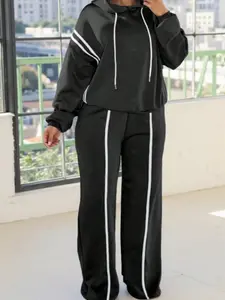 Women's Plus Size Casual Fashion Striped Hooded Loose Sweatshirt Long Pants Set, Comfortable and Stylish for Daily Wear