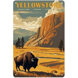 FunnyYellowstone National Park Poster, Vintage National Park, Metal Sign Aluminum, Natural Wall Art Decoration Mountain Travel Poster Natural Landscape Painting Bedroom Office Living Room 8x12 Inch