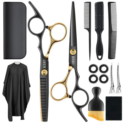 Professional Barber Scissors Kit, Barber Tools, Stainless Steel Hair Shears, Thinning Scissors, Comb, Brush, Cape & Clips, Haircutting Set for Salon, Barber & Home, for Men & Women