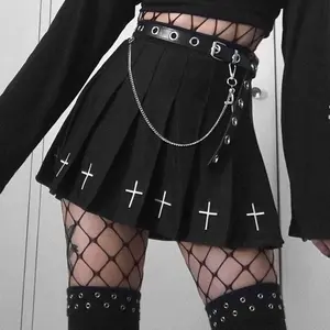 Pleated Skirt with Crosses Fabric Lady Womenswear Bottom Dress Hip Polyester Solid Style