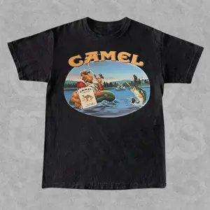 Vintage 90s Joe Camel Fishing Vintage Graphic Tee - Retro 90s Cigarette Aesthetic Shirt - Bootleg Graphic Tee, Shortsleeve, basic tops, Fabric Cotton, Women's Top, Menswear Top, Gifs, Streetwear