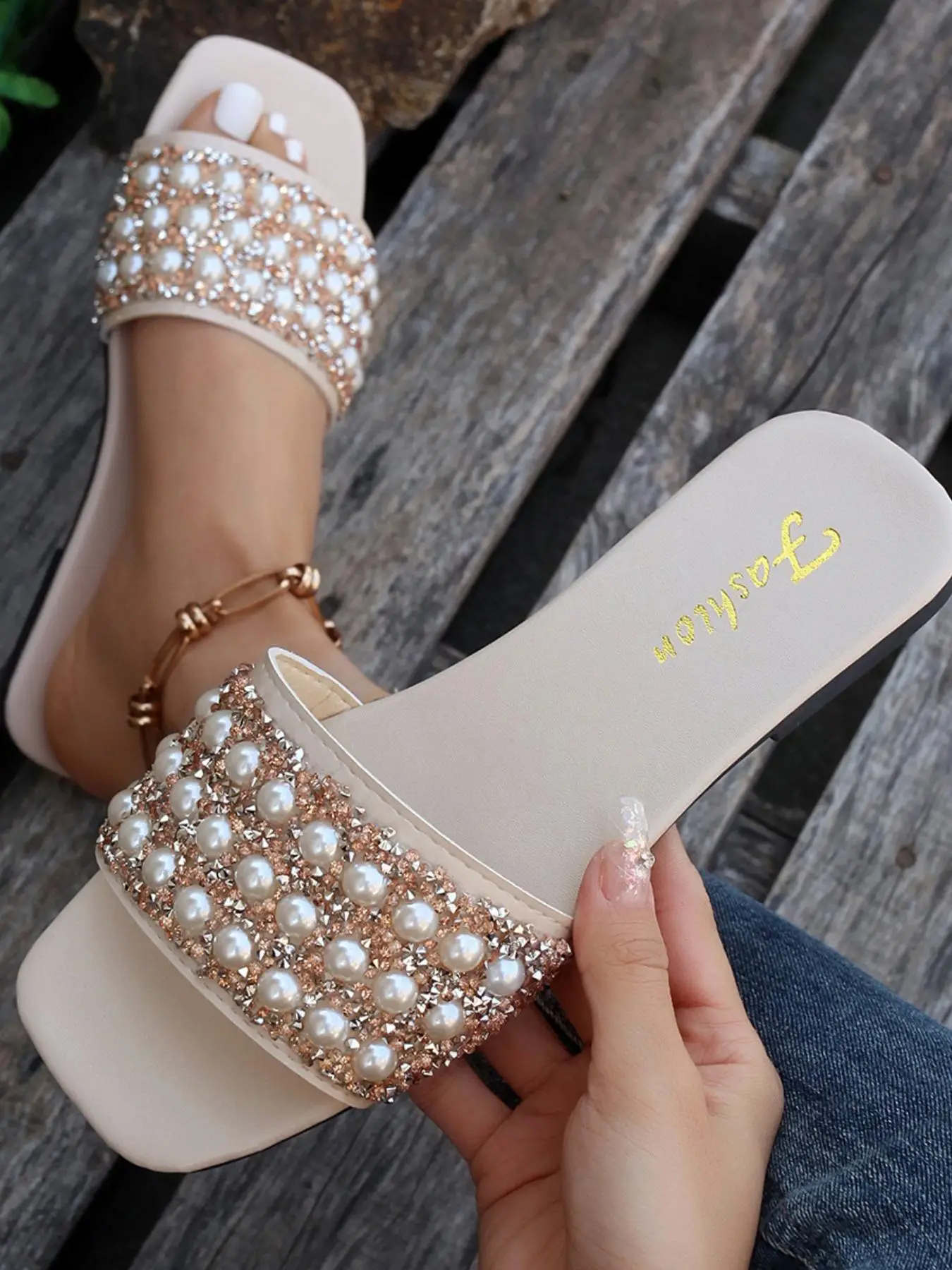 Women's Fashionable Faux Pearl Decorated Slide Sandals, Summer 2025 Rhinestone Decorated Open Toe Sandals, Elegant Party Shoes, Fashion Shoes for Part