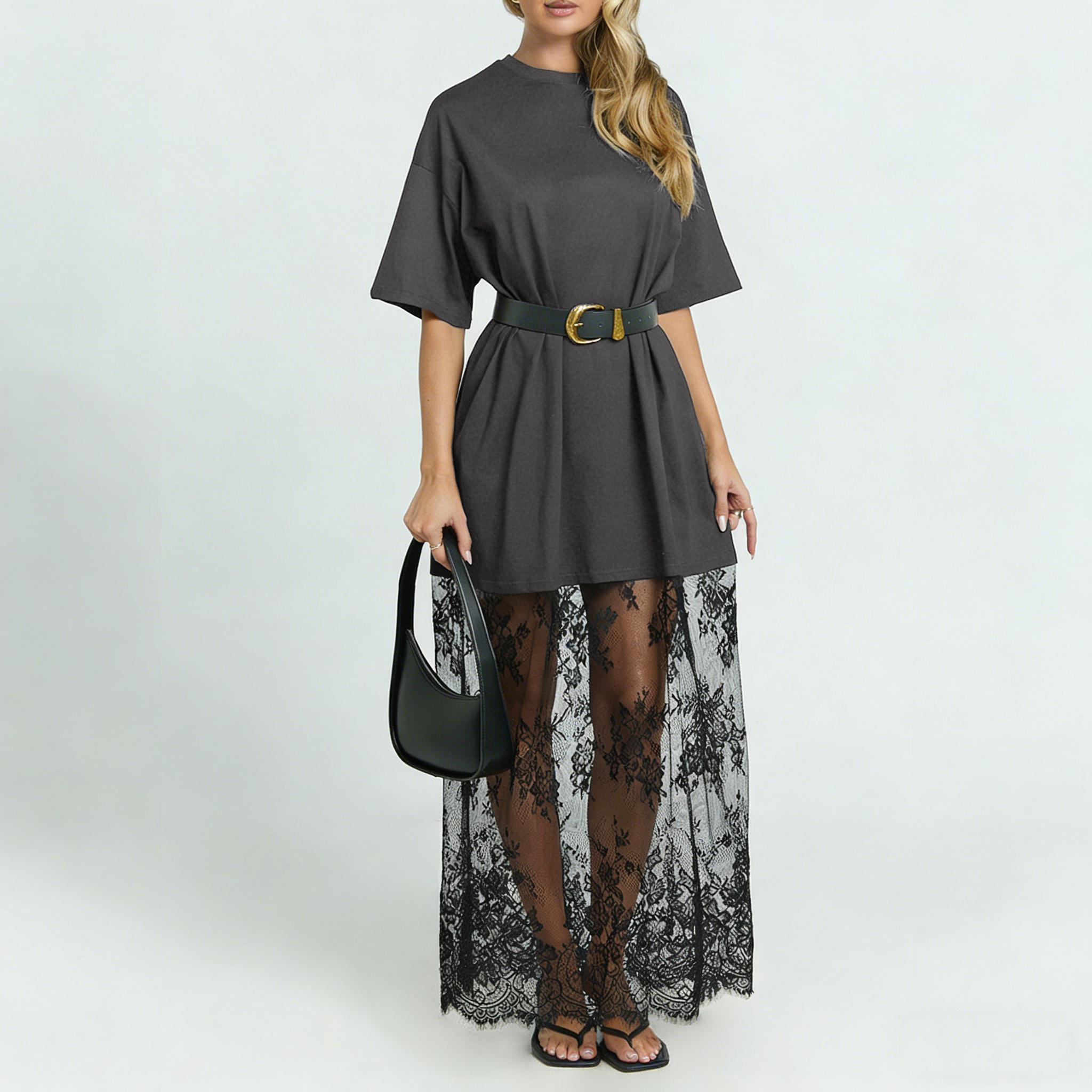 Mntaor Women's Oversized T-Shirt Maxi Dress with Sheer Lace Hem Drop Shoulder Short Sleeve Perfect for Street Style Mntaor Women's Oversized T-Shirt Maxi Dress with Sheer Lace Hem Drop Shoulder Short Sleeve Perfect for Street Style