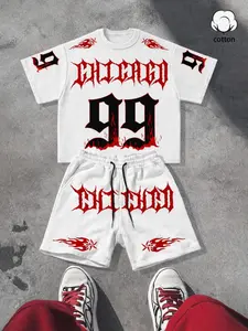 Tiktok Hot! Men's Cotton Short Sleeve Tee with Flame Letter Print, Graphic, Loose-Fit Casual Top, Streetwear, Street Style, Matching Shorts Set