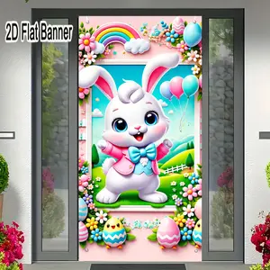 2D flat banner, 1pcCheerful Cartoon White Rabbit Easter Backdrop, Springtime Rabbit with Balloons Rainbow Hillside Background for Easter Party Decorationsgalentines party decor, valentine day decor, decorations for valentines day