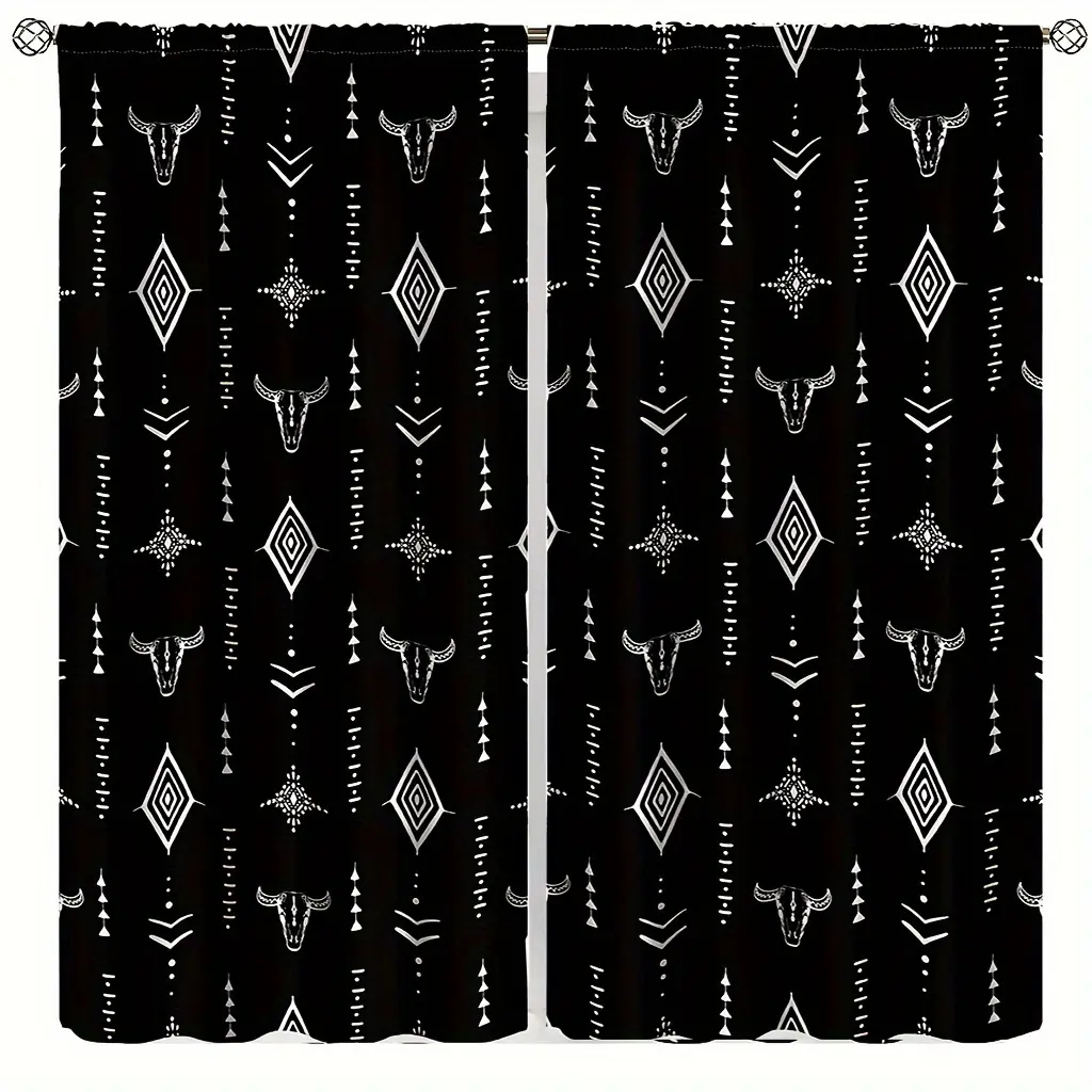 2pcs Aztec Bull Skull Print Curtains - Original Tribal Bohemian Design, Black with White Bull Head and Geometric Pattern, Semi-Transparent Polyester Fiber, Perfect for Living Room and Bedroom Decoration, Bedroom Curtains |   Bohemian Fashion Decoration |