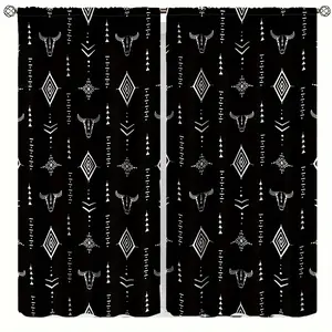 2pcs Aztec Bull Skull Print Curtains - Original Tribal Bohemian Design, Black with White Bull Head and Geometric Pattern, Semi-Transparent Polyester Fiber, Perfect for Living Room and Bedroom Decoration, Bedroom Curtains |   Bohemian Fashion Decoration |