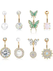 8PCS Belly Button Ring, Surgical Steel Belly Rings for Women Stainless Steel Opal Pearl Sparkling CZ Belly Piercing Jewelry Sunflower Butterfly Piercing Jewelry Rose Gold