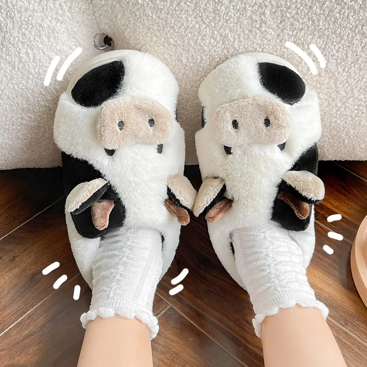 Cute Cow Slippers for Women Winter Warm Cartoon Print Soft House Shoes for Indoor