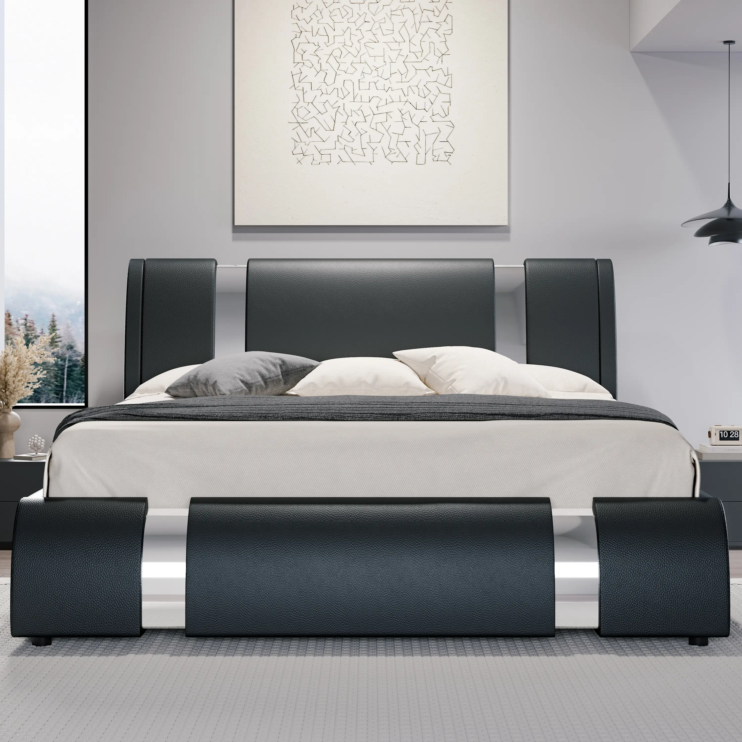 HOOMIC Modern Queen Faux Leather Bed Frame with Iron Pieces Decor, 【Frame Only No Mattress】Low Profile Platform Bed with Height-adjustable Headboard,