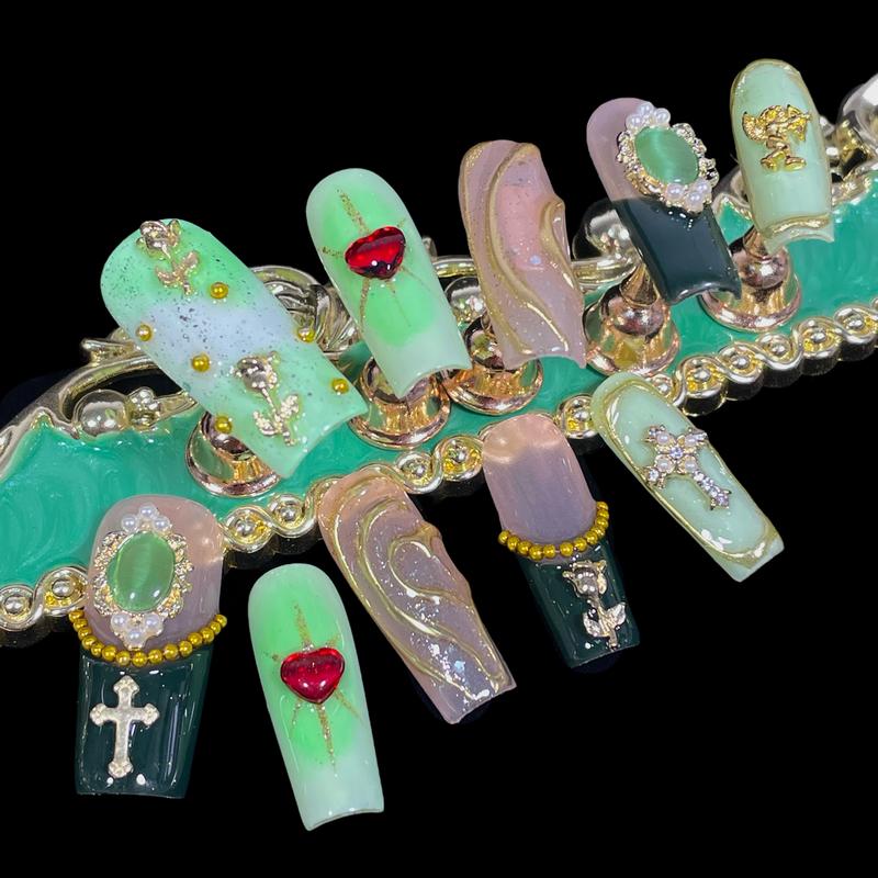BByogooz Handmade Press On Nails Middle/Long Square Acrylic Fake Nails Green French Luxury Style with 3D Flower, Cross Angel Art Design | Gift for Women & Girls