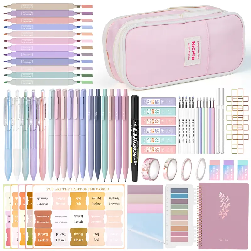 Nicpro 76PCS Aesthetic Christian Women's Bible Study Kit - 200 Index Tabs, 300 Transparent Sticky Notes, 10 Clips, Notebook, Highlighter, Mechanical Pencils, Pencil Pouch for Underlining - Learning Materials, Office & School Supplies