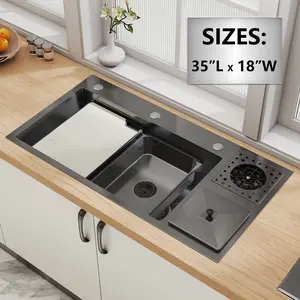 35 " black Nano Stainless Steel Workstation Kitchen Sink Undermount Single Bowl Deep Basin Sink with Cutting Board, Glass Rinser, Drain Basket, Complete Accessories for Modern Kitchen Prep Washing