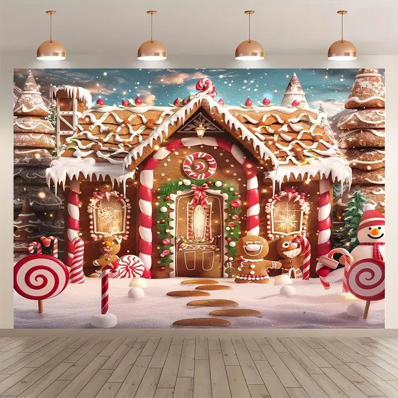 Merry Christmas Gingerbread House & Snow Tree Backdrop Banner, Polyester Lightweight Festive Party Decoration, Easy Setup, Multi-Size Options, Perfect for Indoor Celebrations & Wedding Photo Shoots