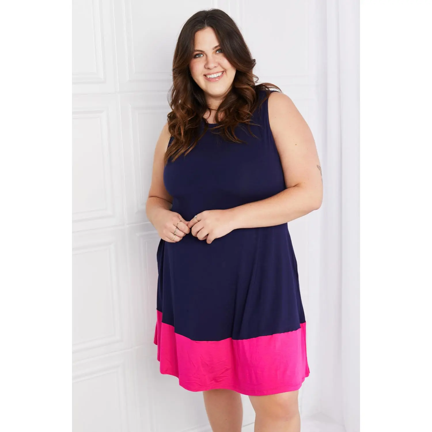 Yelete Full Size Two-Tone Sleeveless Mini Dress with Pockets