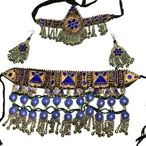 Afghan Kuchi Jewellery Set Turquoise Blue Crystal Necklace & Earrings Handcrafted Adjustable Boho Festival Jewelry for Weddings & Mehndi Youth Friendly Authentic Afghan Tribal Vintage Look festivaljewelry bohojewelry handmadejewelry
