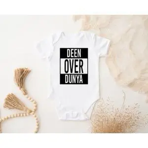 Deen Over Dunya Onesie by Humraha | Desi Arab Muslim Fashion Apparel Gifts for Ramadan Eid Nikkah Wedding Couples Families New Moms Aunts Uncles Grandparents | Pakistan India Bangladesh Palestine Lebanon Egypt Syria