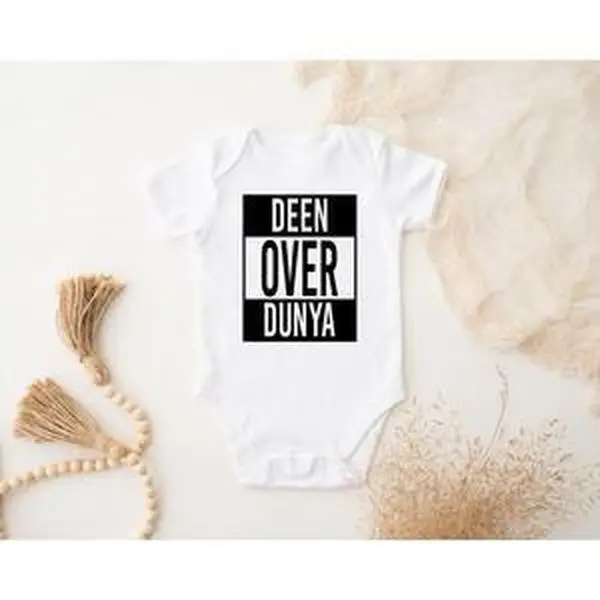 Deen Over Dunya Onesie by Humraha | Desi Arab Muslim Fashion Apparel Gifts for Ramadan Eid Nikkah Wedding Couples Families New Moms Aunts Uncles Grandparents | Pakistan India Bangladesh Palestine Lebanon Egypt Syria
