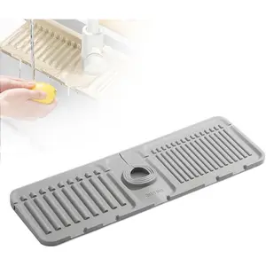 Silicone Faucet Splash Guard - 44.5x14.5cm, Food-Grade, Fast Drying & Foldable - Protective Sink Tray with Drainage, Easy to Clean, Fits Kitchen/Bathroom Sinks (Gray)