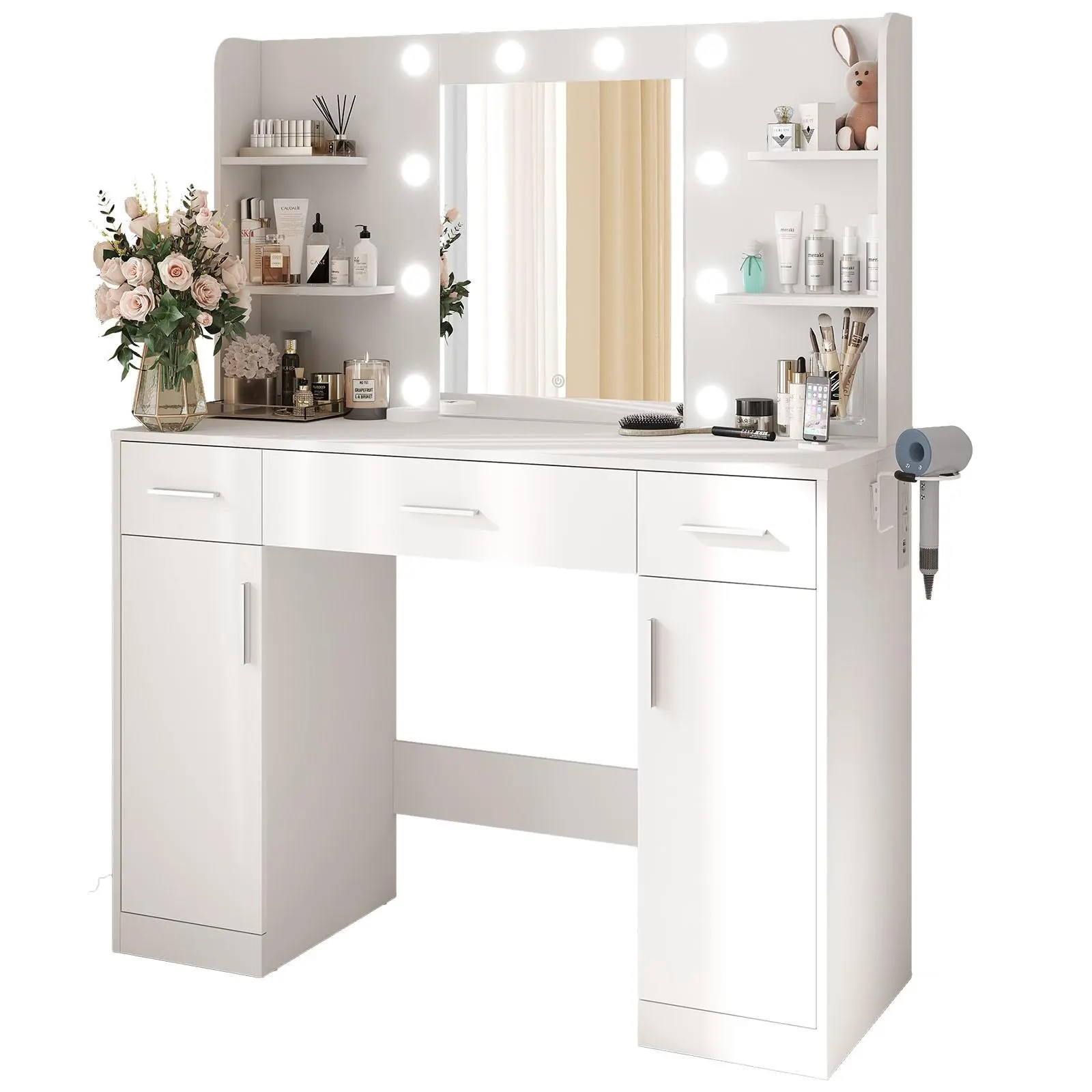 Sweetcrispy White Large Vanity Desk with Lighted Mirror - Makeup Vanity Table, Power Outlet, 3 Drawers, 4 Shelves, Cabinet & Hair Dryer Holder for Bedroom Girls