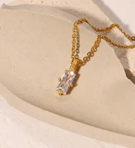 ZELESTE Rectangle Diamond Petite Cocktail Necklace Simple Classy Minimalist Necklace Gold Chain Thin Sparkling