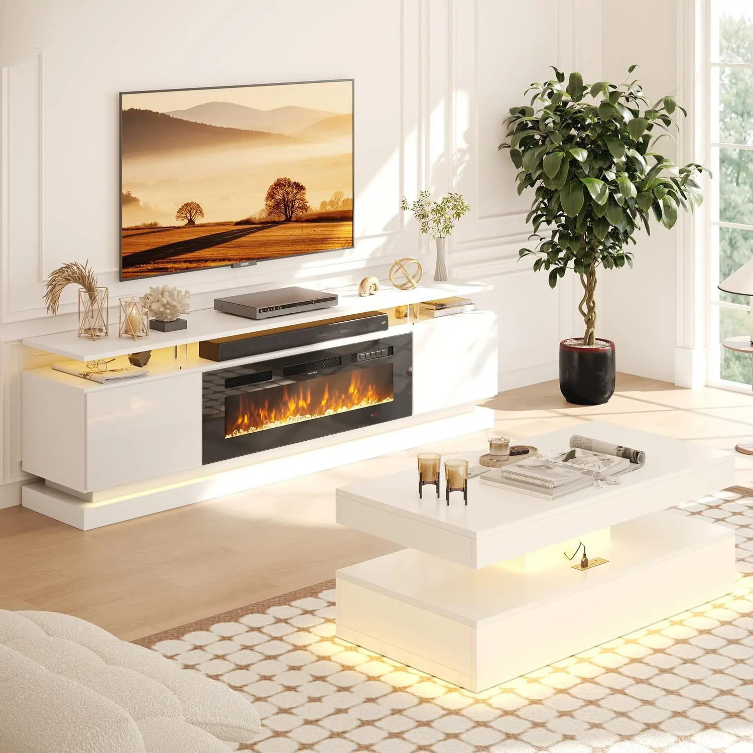 Aoxun 2-Piece Modern Indoor Furniture Set, Includes 70" Fireplace TV Stand & 47" Coffee Table with Charging Station and USB Ports, for Living Room, Two Piece Set, Charging Ports