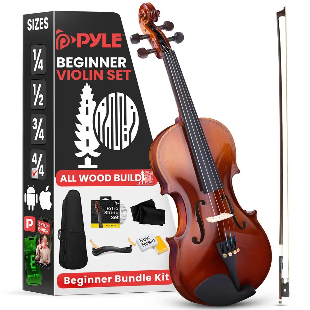 Beginner Full-Size 4-String Wood Grain Violin Starter Kit - 23.6in x 8.3in x 3.4in, Lightweight, Ready to Play, for Learning, Includes Case, Bow with Bow Frog, Rosin, Cleaning Cloth, Digital Violin Tuner, Dyed Hardwood Fingerboard & Chin Rest