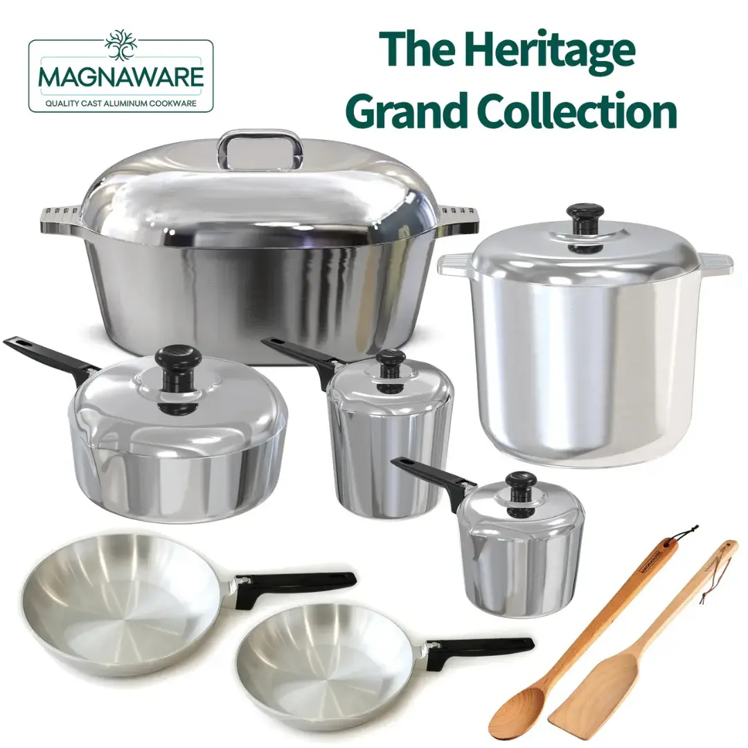 Magnaware Heritage Grand Collection - Includes: 12.6QT Oval Dutch Oven, 14QT Round Stock Pot, 12" Saute Pan, 11" and 13" Chef Skillet, 3QT and 4QT Sauce Pan, Bonus 18" Wooden Spoon & Spatula set
