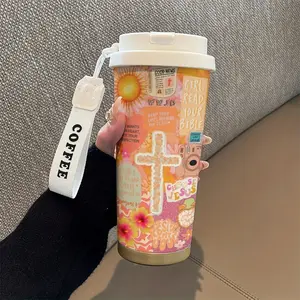 Premium Religious Pattern Insulated Coffee Cup, 530ML Stainless Steel Vacuum Flask with Straw and Lid, Ideal for Hot/cold Drinks, Office & Outdoor Use