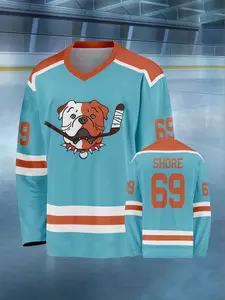Bulldog Mascot with Hockey Stick Element Hockey Jersey, #69 SHORE Sudbury Classic Movie-Themed Reissue, Blue & Orange Hockey Team Style, Breathable Athletic Jersey, Athletic Style Activewear, Gift for Slap Shot Fans.