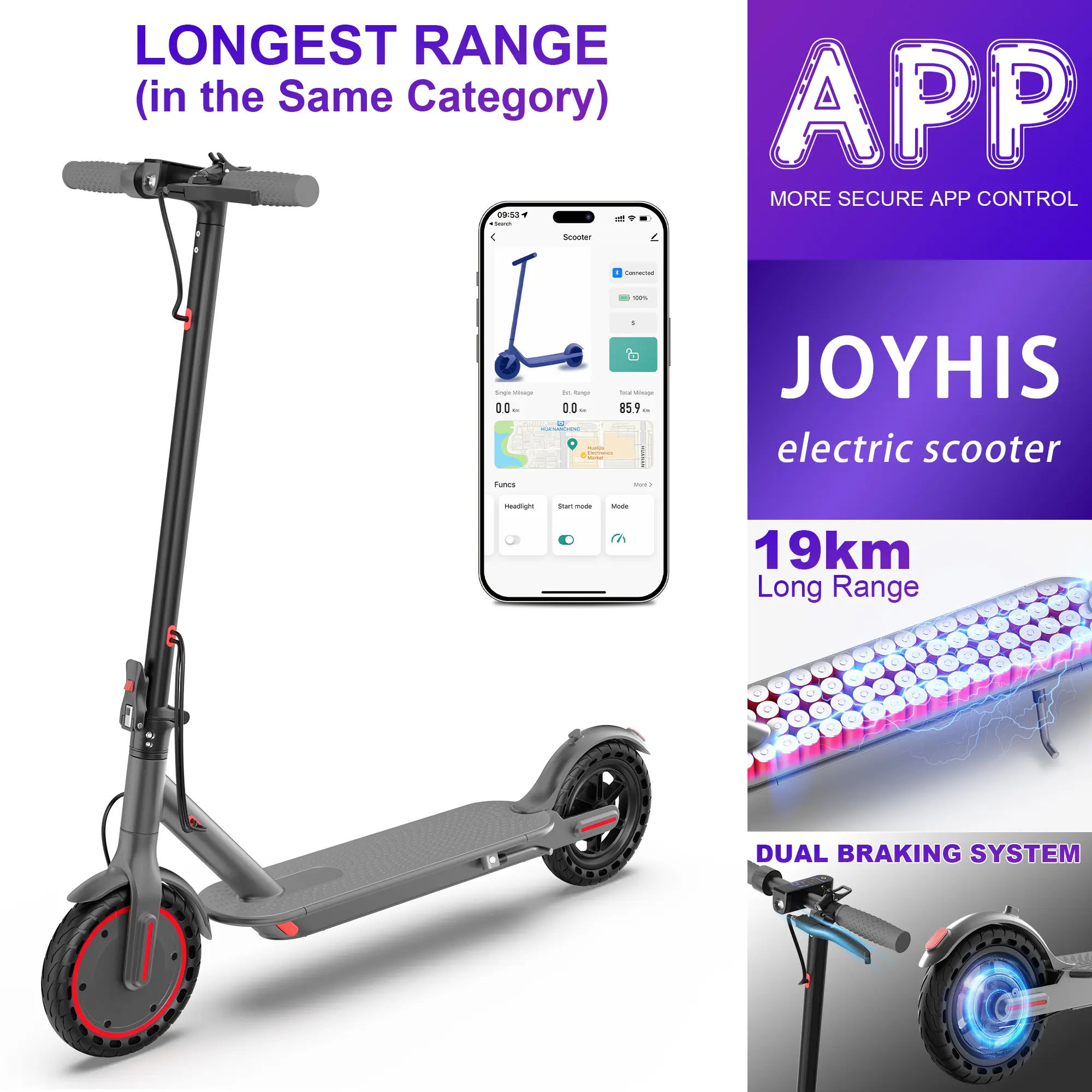 JOYHIS Adult Electric Scooter — Powerful 350W Motor | Max Speed: 19 MPH | Range: 14–18 Miles | 8.5-Inch Anti-Slip Tires | Smart App Control | Portable & Foldable (Fits in Car Trunk) | Max Load: 265 lbs | Ideal for Commuting & Campus Riding