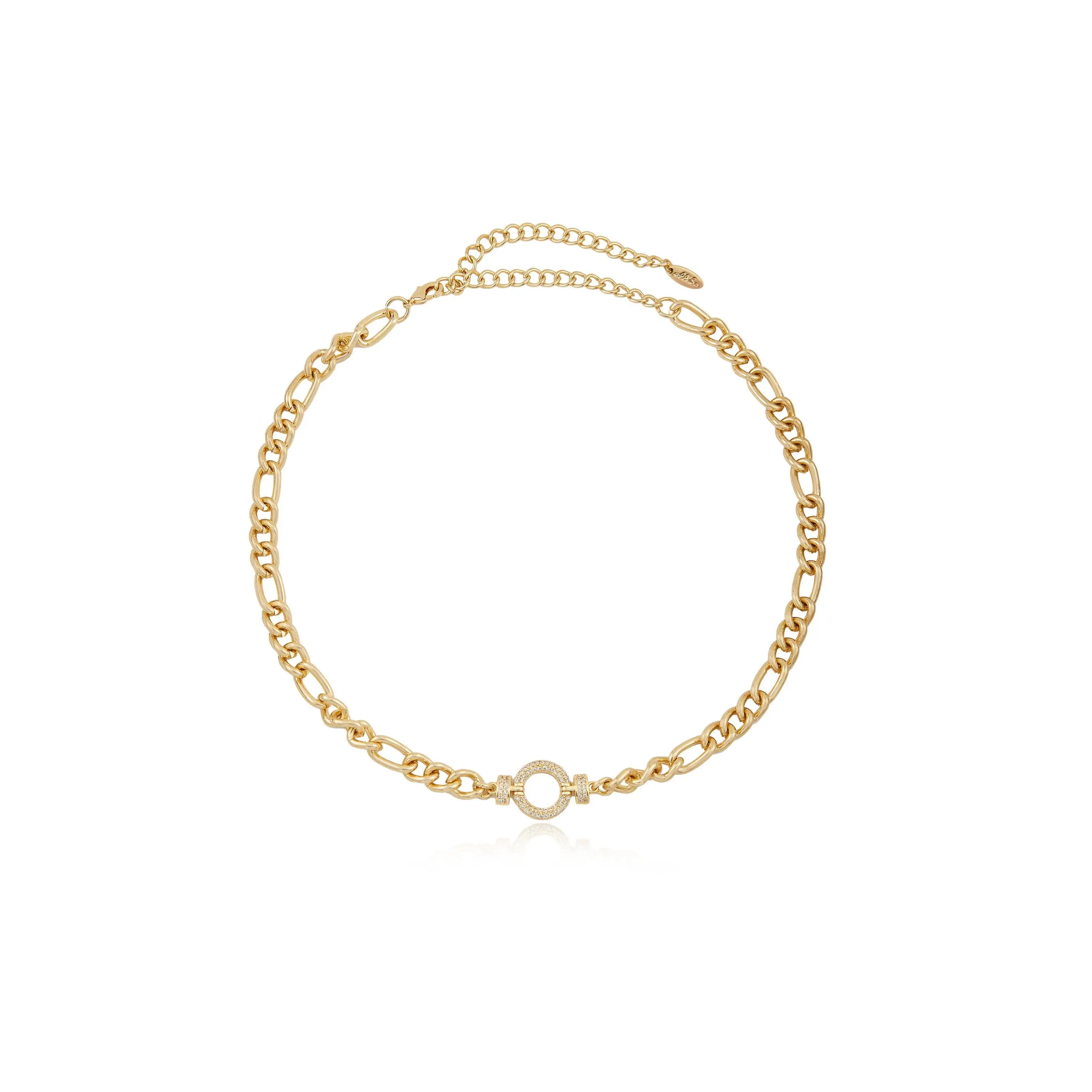 Ettika Eternity Crystal Circle Chain Link Necklace 18kt Gold Plated Brass Steel CZ 15.5" & 5" Lengths for Casual Formal Wear