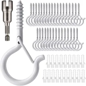 20 PCS Hooks White-Screw in Hooks with Safety Buckle Design For Christmas Lights, Outdoor Wire Fairy Lights and String Lights, Easy to Release, Include 1 Wing Nut Driver