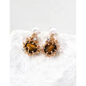 Lava Coral Earrings |   Natural tiger eye stone and pearl pendant earrings, exquisite and dynamic design  # Lion, Capricorn, and Libra Energy Earrings # Tiger's Eye Stone Jewelry # Fashion Jewelry # 2K Aesthetics # An excellent gift choice