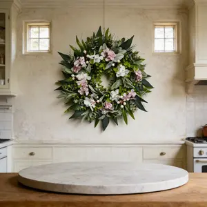 Elegant Farmhouse Wreath with Pale and Orchids, Decorated with Lamb's Ear and Berries, All-Season Doorway Decoration