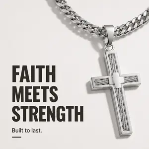 【AMKMAX】Stainless Steel Cross Necklace for Men, Hollow Cable Inlay Pendant, Polished Christian Necklace, Durable Gift for Him chain
