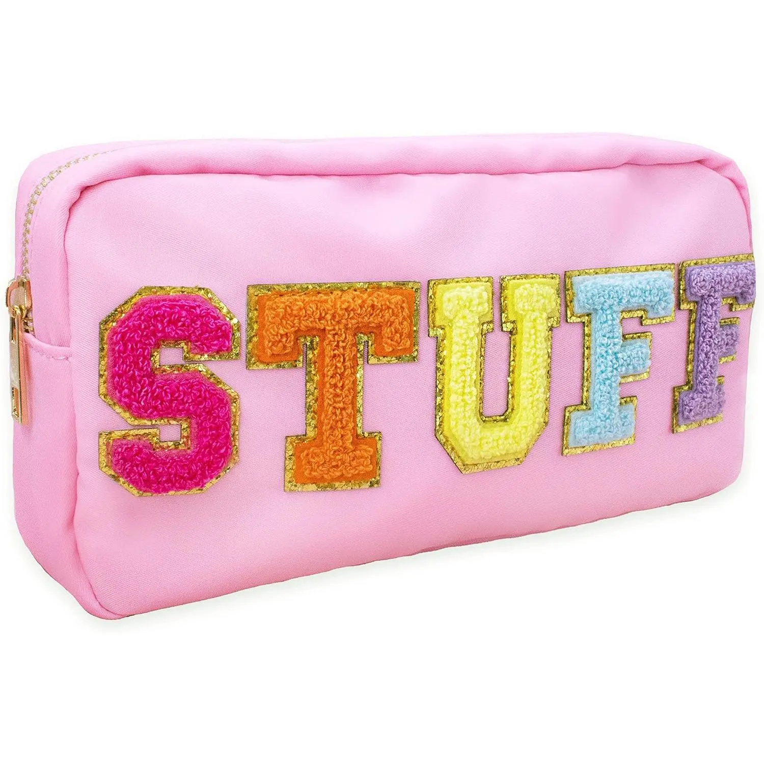 Preppy Compact Chenille Varsity Letter Pencil Pouch - Women's Nylon Gold Zipper Organizer Bag for Travel Makeup Skincare, Birthday Presents