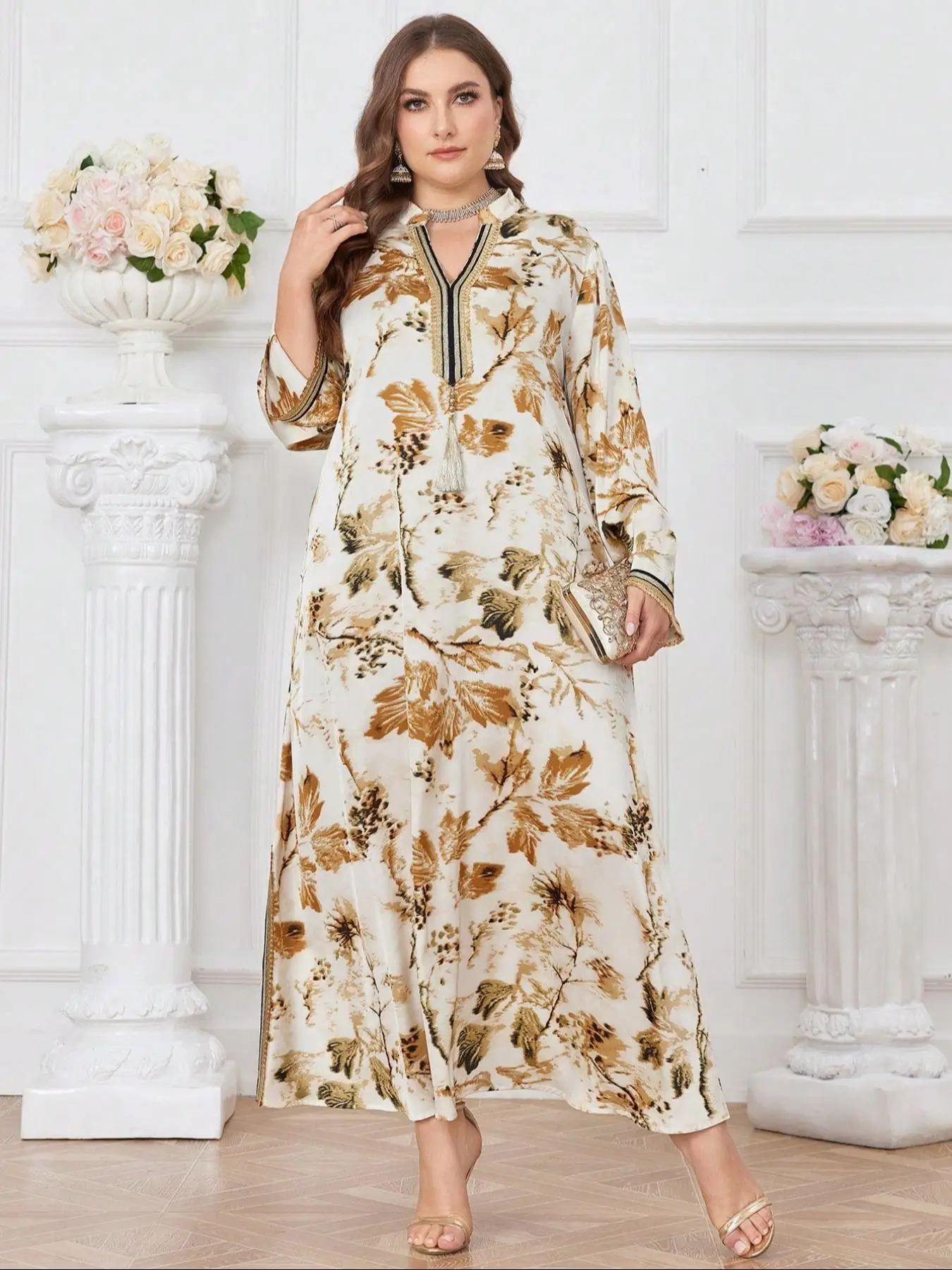 【Plus Size】 Floral Print Long Sleeve Robe, Elegant Open Front Long Arabic Clothing, Women's Islamic Clothing for Daily Wear