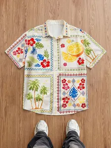 Men's Summer Vacation Button Up Shirt - Lightweight Breathable Pixelated Tropical Graphic Tee - Vintage Cross-Stitch Style Hawaiian Top for Beach, Party & Festival Wear