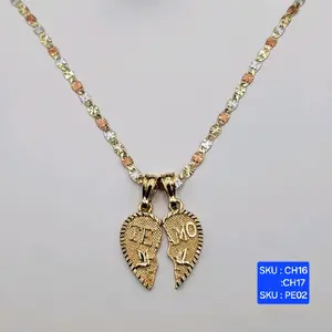 Heart Te Amo Double Necklaces Chain 4mm Wide 24 & 18 Inches Laminated-Gold Heart Pendants with Bird Designs Unisex Jewelry SKU CH16 CH17 PE02