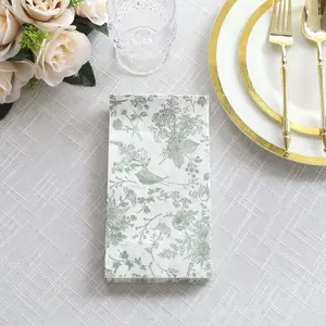 20-Pack Paper Dinner Napkins 2 Ply White/Sage Green with French Toile Pattern - Soft and Absorbent Disposable Napkins