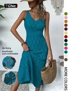 Women's V Neck Long Sleeveless Spaghetti Strap Dress, Elegant Chic Fitted Split Thigh Design, Casual Holiday Beachwear, Fall & Winter Fashion Womenswear